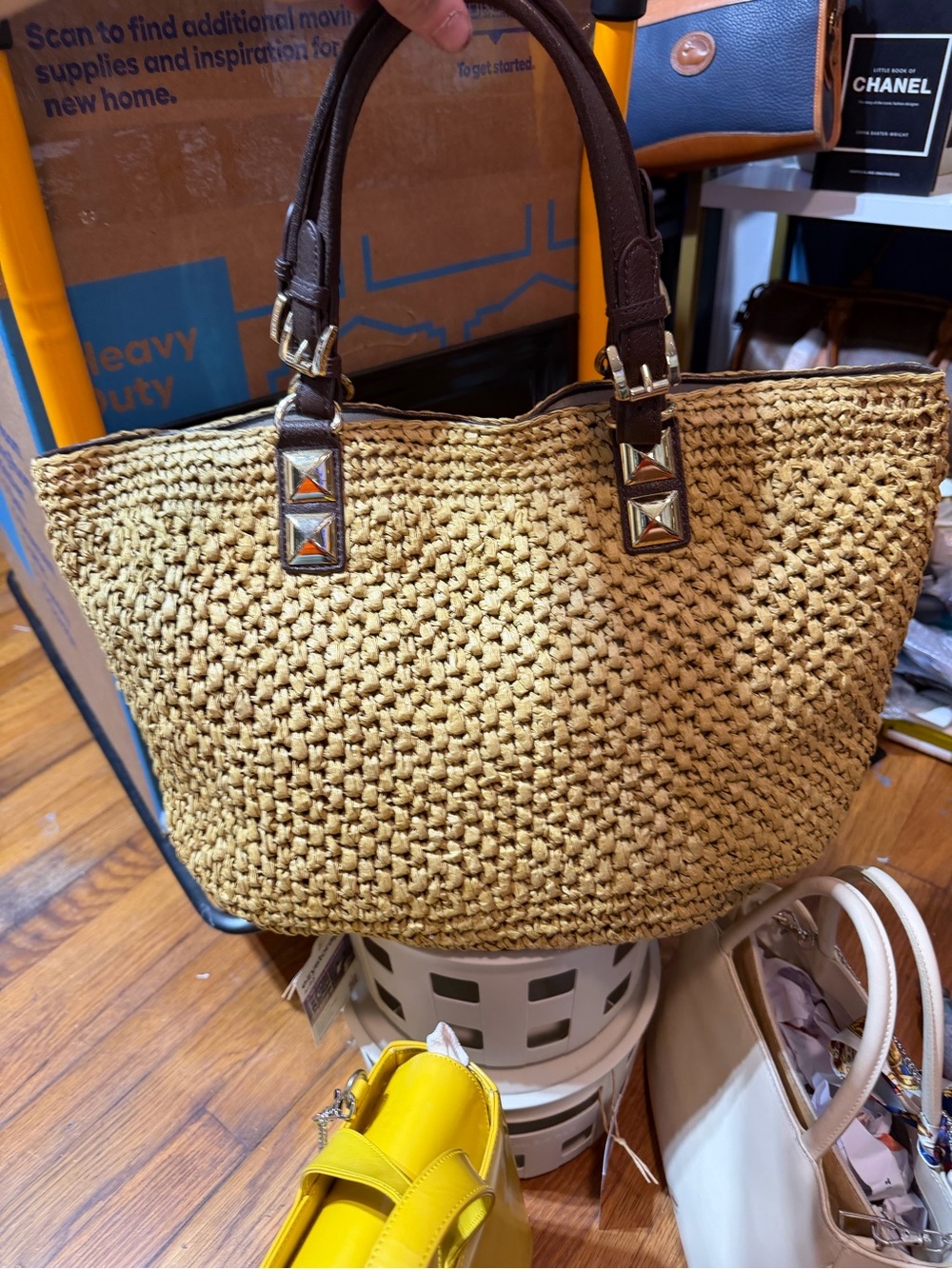 Michael Kors Straw Tote Bag Large Woven Raffia Beach Shoulder Bag Leather Trim - Picture 4 of 5